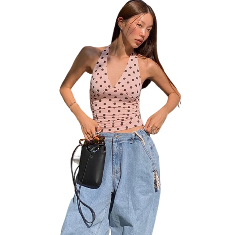 Women's Polka Dot Halter Tank Top – Lace-Up Backless V-Neck Skinny Y2K Streetwear Vest