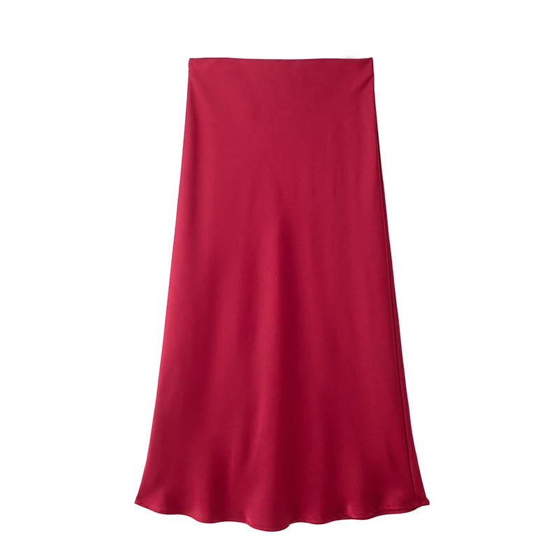 High-Waist Satin Midi Skirt – Elegant Office A-Line Skirt