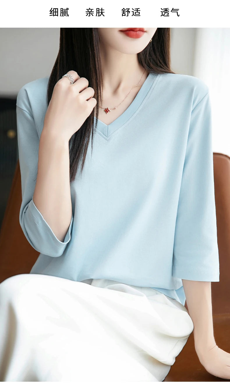 Spring And Summer New Cotton V-neck T-shirt Short-Sleeved Women's Half-Sleeve Bottoming Shirt High-End Cropped Sleeve Top