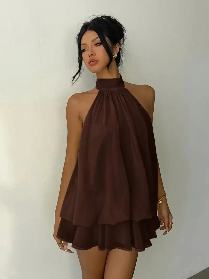 Women's Halter Backless Chiffon Mini Dress — Tie-Front Party Dress