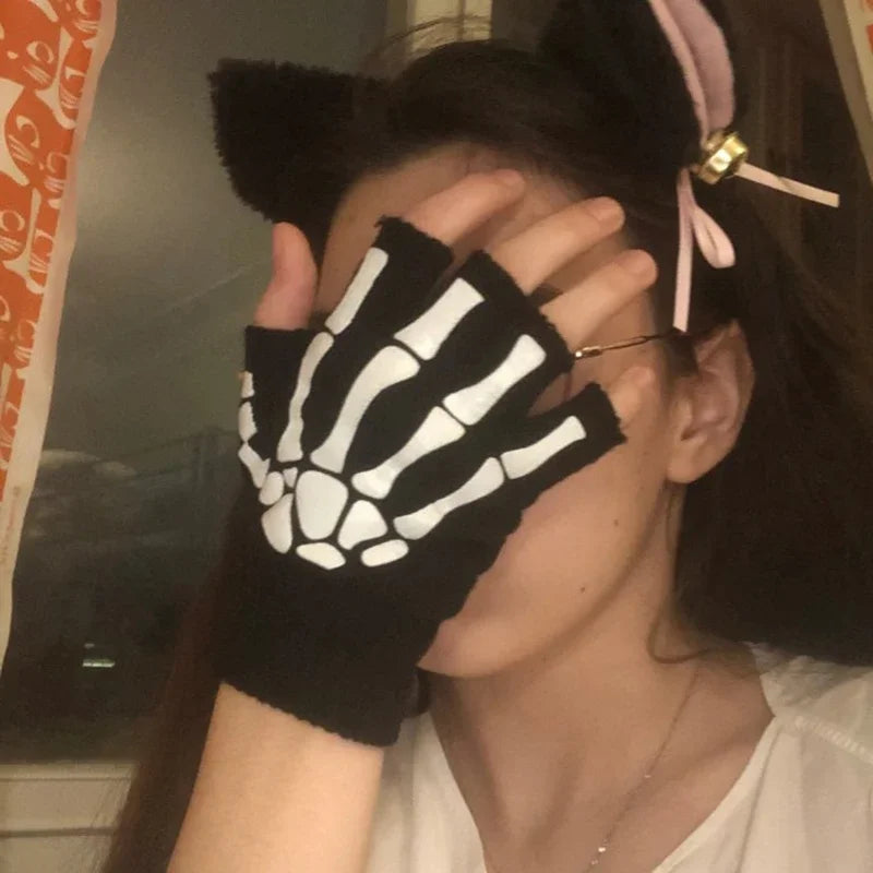 Glow in the Dark Skeleton Fingerless Gloves