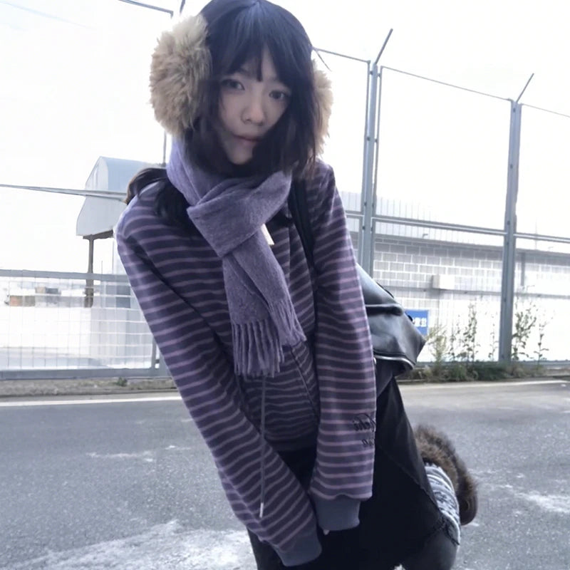 Women's Y2K Striped Zip-Up Knit Cardigan, Purple