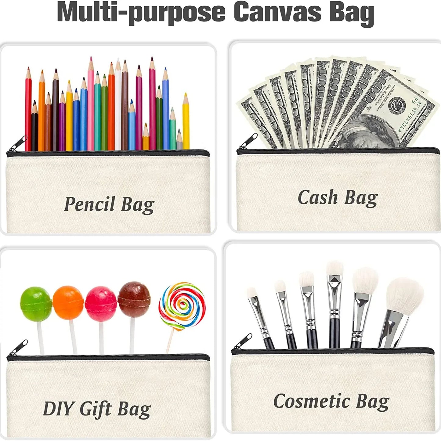 DIY Blank Canvas Zipper Pouch Bags School Pencil Bag Case for School DIY Craft Bag Canvas Makeup Bags Handmade Gift Bag