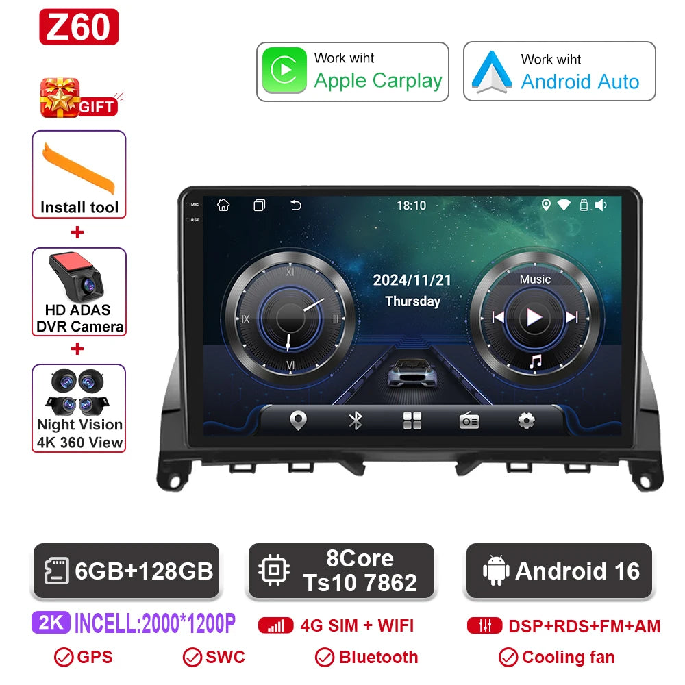 Android  For Mercedes Benz C Class 3 C220 C180 W204 S204 2006 - 2011 Car Auto Carplay Radio Multimedia Screen GPS Navigation  BT