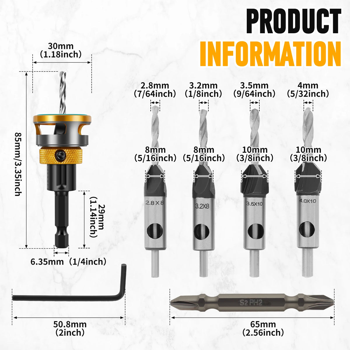 Countersink Drill Bit Set, Adjustable Depth HSS Wood Counterbore
