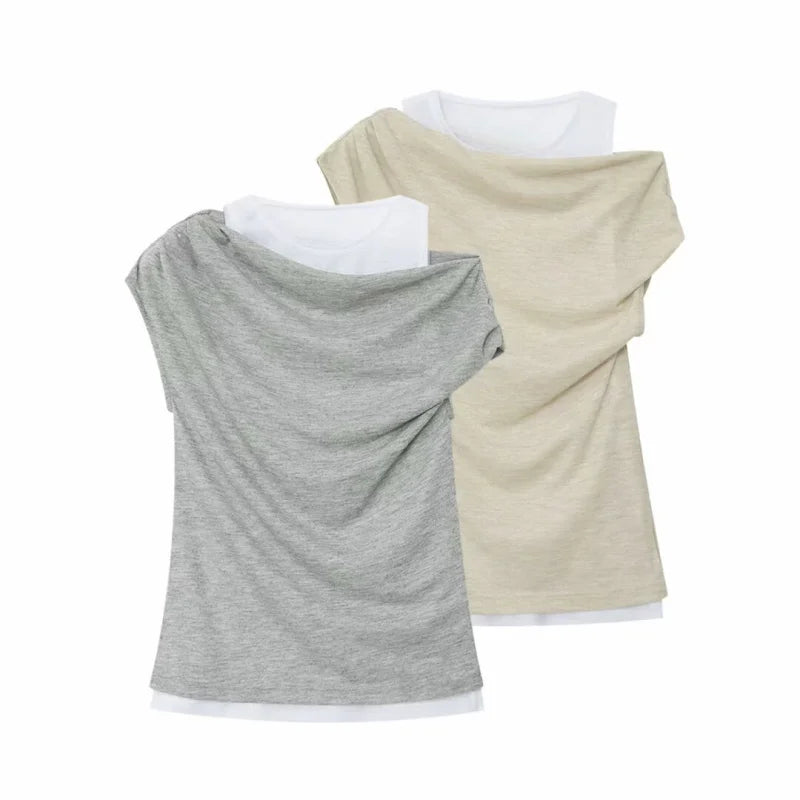 ETJ 2026 new  women's fashion color-blocking and patchwork fake two-piece sexy off-the-shoulder short-sleeved T-shirt top