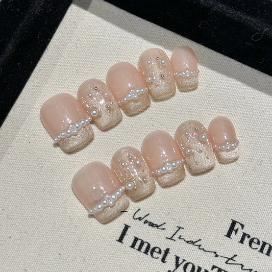 Handmade Press-On Nails - White Pearl Baroque French Short False Nails