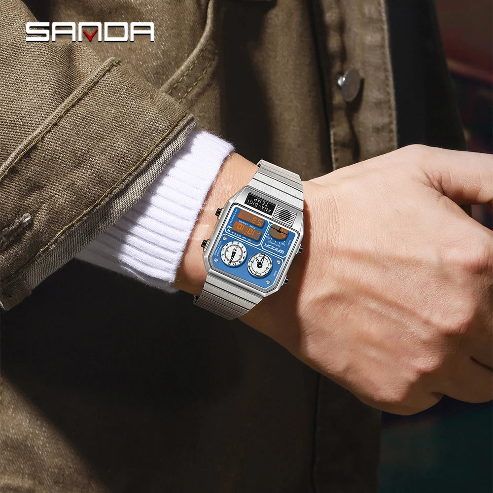 SANDA 3192 Men's Sport Watch – Analog-Digital LED, Waterproof, Stainless Steel