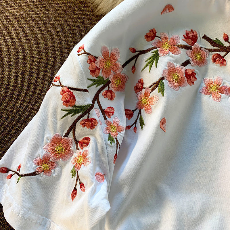 Aesthetic Japan Style Cherry Blossoms Embroidery T Shirts Sexy Women Girls Cotton Summer Tee Tops O-neck Loose Casual Harajuku