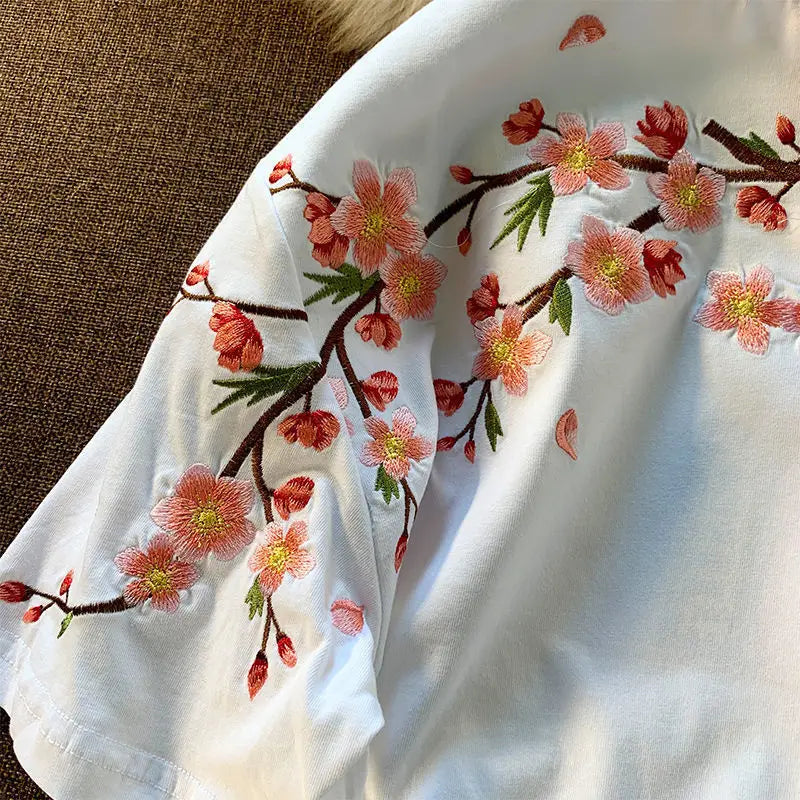 Aesthetic Japan Style Cherry Blossoms Embroidery T Shirts Sexy Women Girls Cotton Summer Tee Tops O-neck Loose Casual Harajuku