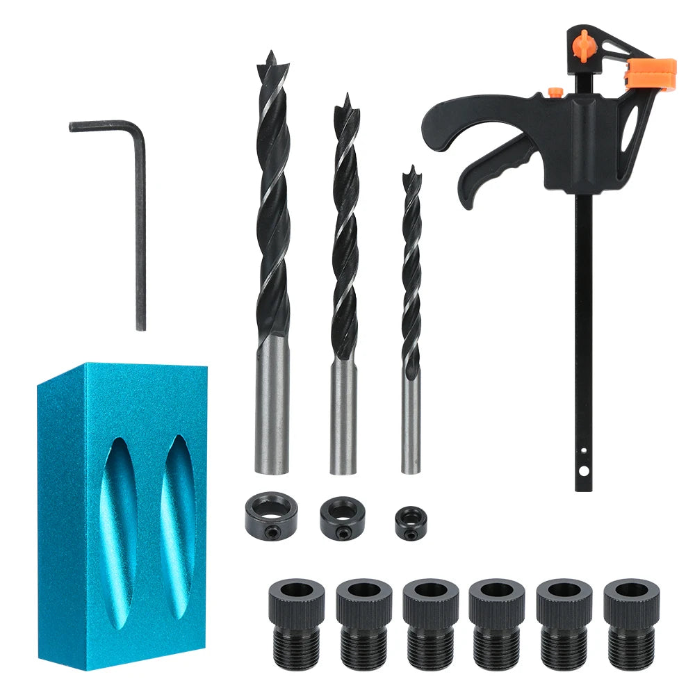15 Pc Pocket Hole Jig Kit with Drill Bit, 15° Woodworking Guide