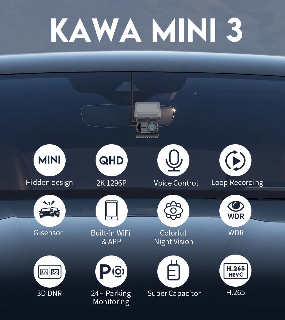 2K Dash Camera For Cars DVR KAWA Dash Cam MINI 3 Video Recorder Emergency Voice Control Night Vision WiFi APP Monitor Dashcam