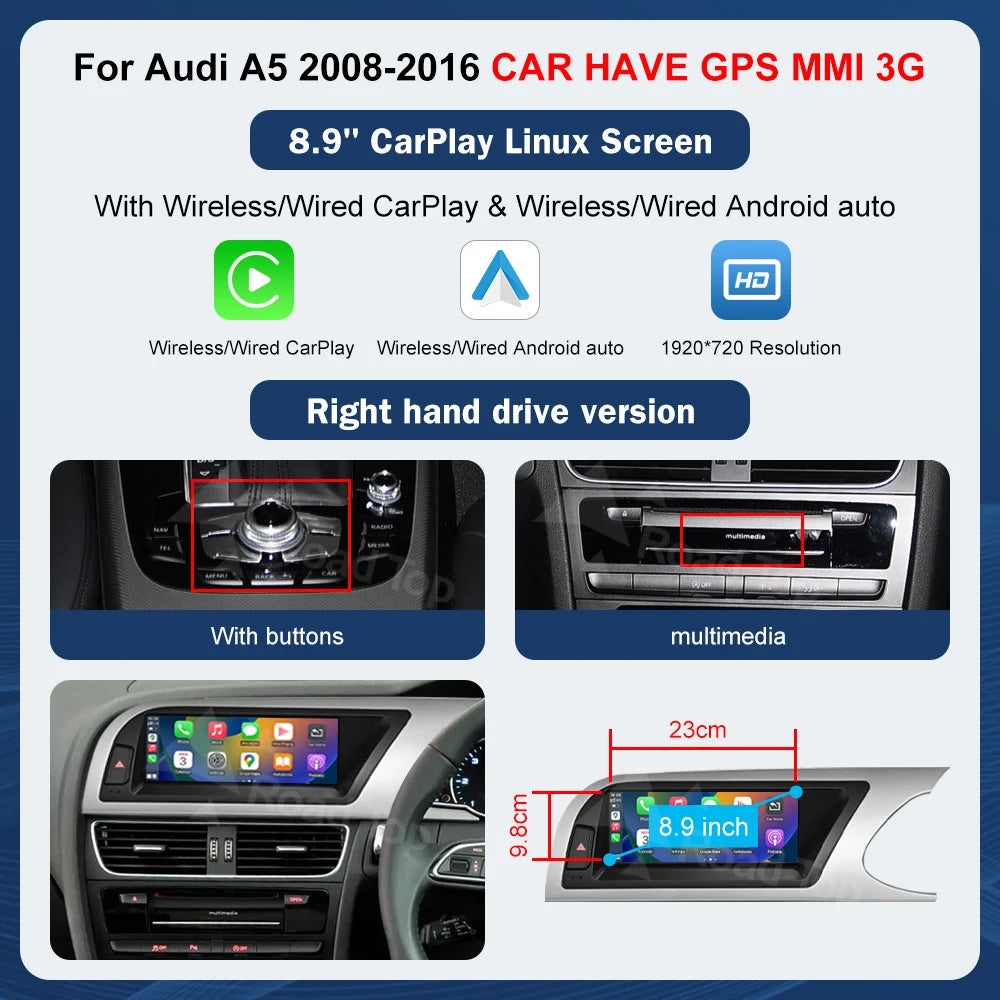 8.9 Inch 12.3"" Multimedia Display Touch Screen For Audi A5 S5 2008-2016 Airplay Miracast Function Wireless Carplay Android Auto