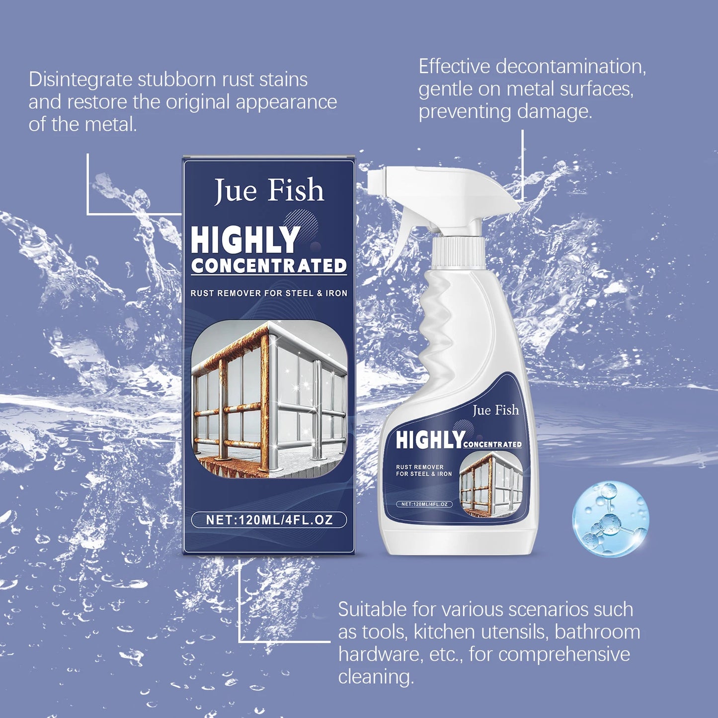 Heavy Duty Rust Remover Spray Fast Acting Rust Dissolver & Anti-Rust Coating for Metal, Car, Tools Multi-Surface Cleaner 120ml