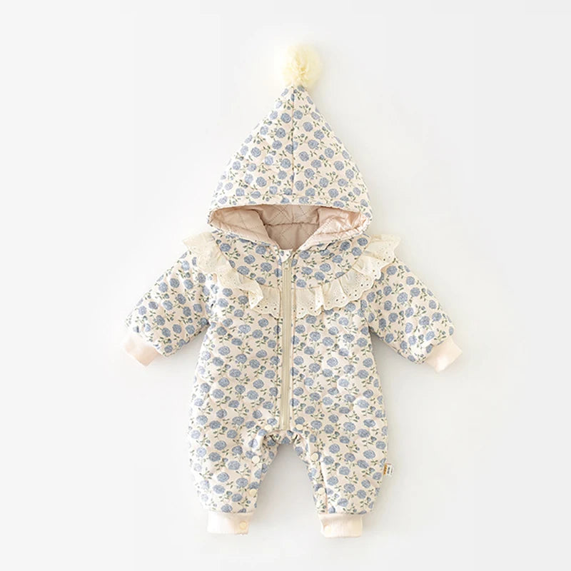 Baby Floral Hooded Winter Jumpsuit - Thick Warm Romper, 0-2 Years - photo 7