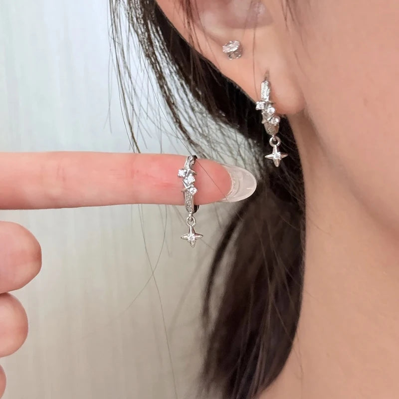 Four-Star Hoop Earrings — Zircon Circle Studs for Women