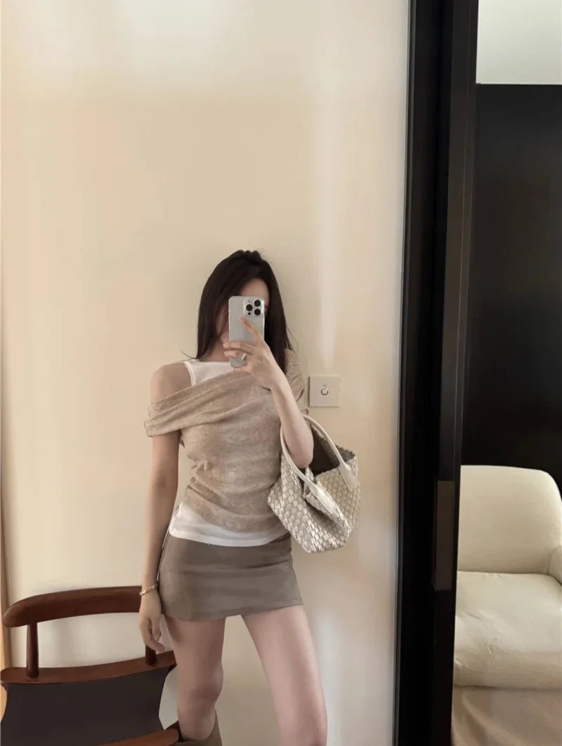 ETJ 2026 new  women's fashion color-blocking and patchwork fake two-piece sexy off-the-shoulder short-sleeved T-shirt top