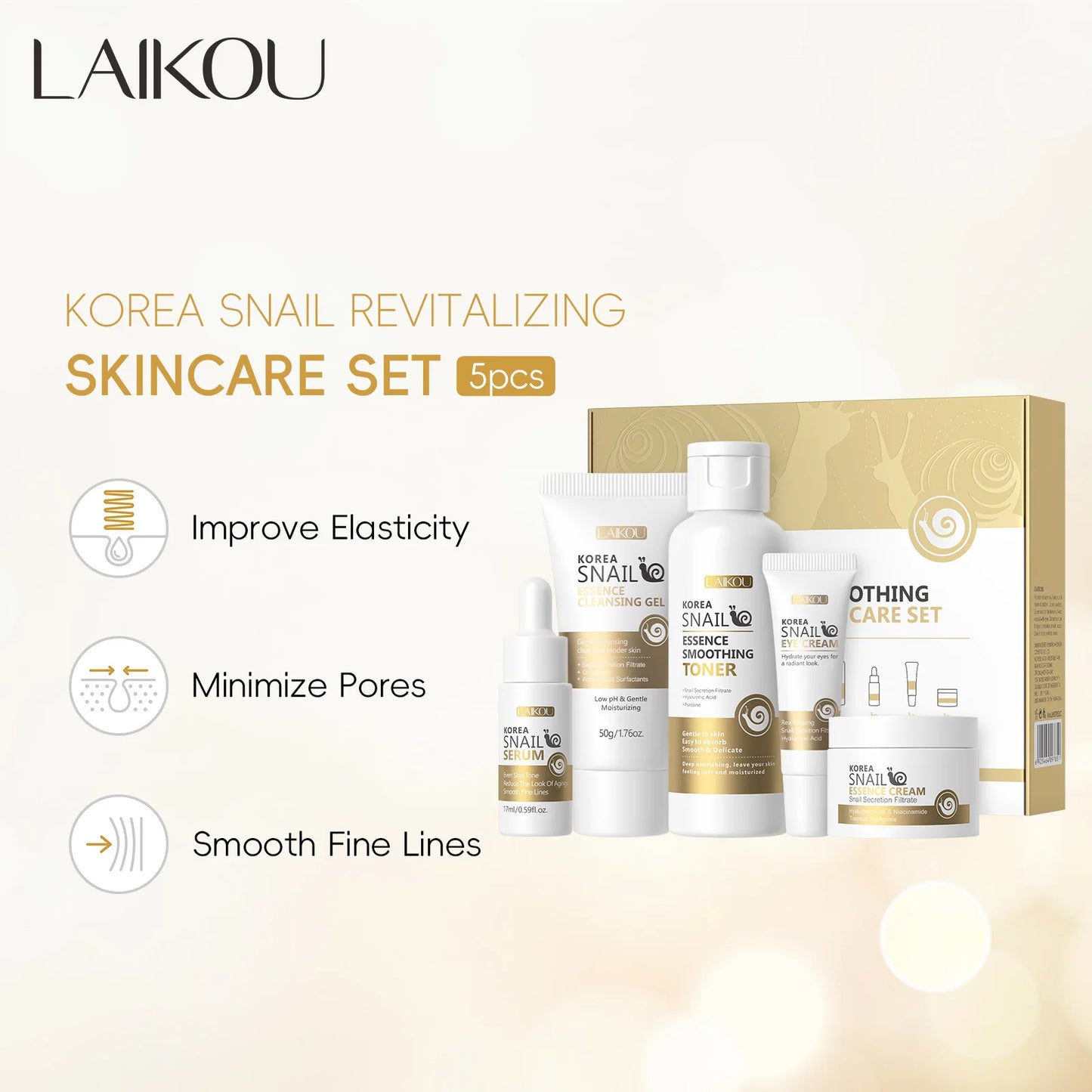 5pcs/set LAIKOU Snail Skin Care Moisturizing Renewing Skincare Collection Anti Wrinkle Hydrating Anti-aging Skin Care Cosmetics