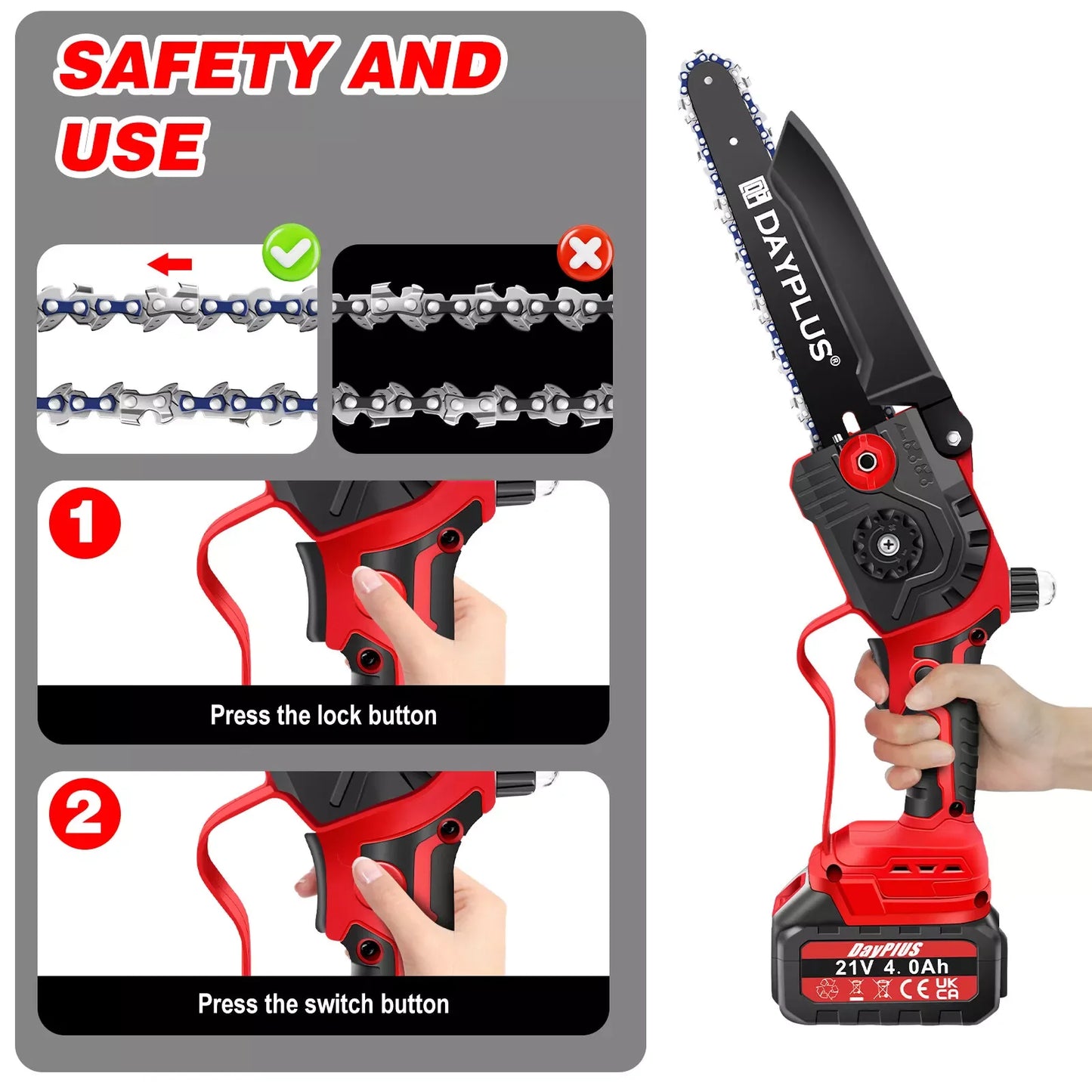 8" Cordless Electric Chainsaw — Brushless One-Handed Pruning Saw with 4.0Ah Battery