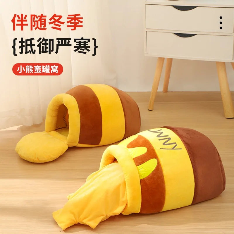 Cat Bed Warm Comfortable Kennel Nest Pet Cat Bed Soft Removable Cushion Nonslip Bottom Cartoon Washable House Honey Pot Cave