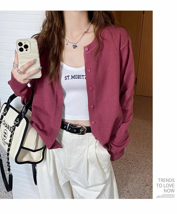 Women's slim button cardigan, crew neck knit — view 13 of 20