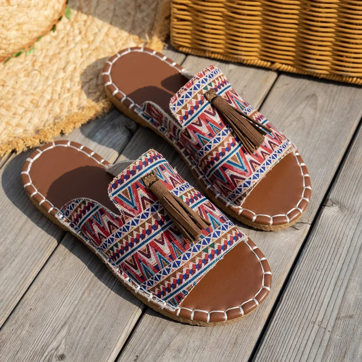 Bohemian Tassel Slide Slippers for Women — Flat Beach Sandals, Plus Size