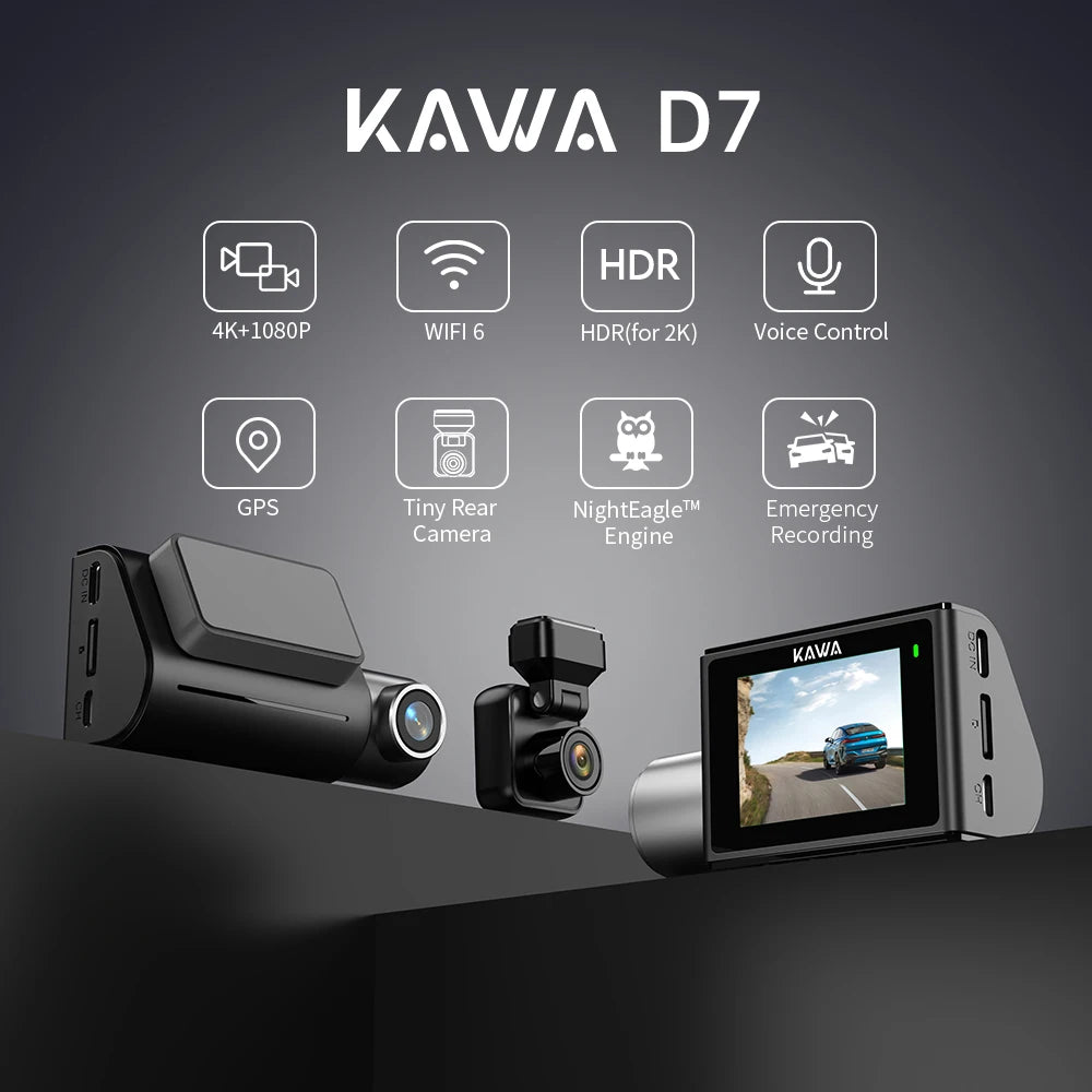 4K Front and Rear Dash cam KAWA D7,Video Recorder 4K WiFi6 Car Camera,DVR Tiny Rear Camera for AUTO,APP/Voice Control Dashcam