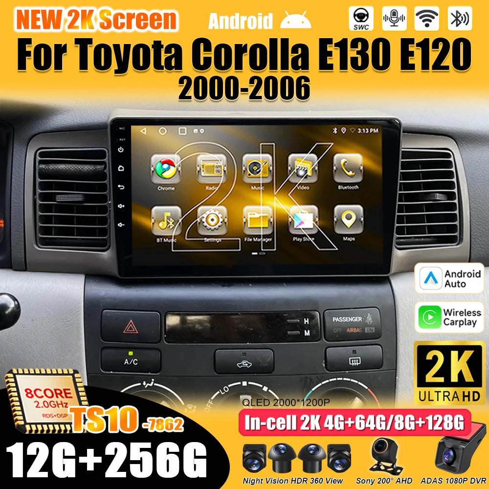 For Toyota Corolla E130 E120 2000-2006 Android 16 Multimedia Video Player  Carplay Touch Screen RDS 8 Core 5G Bluetooth 2din DSP