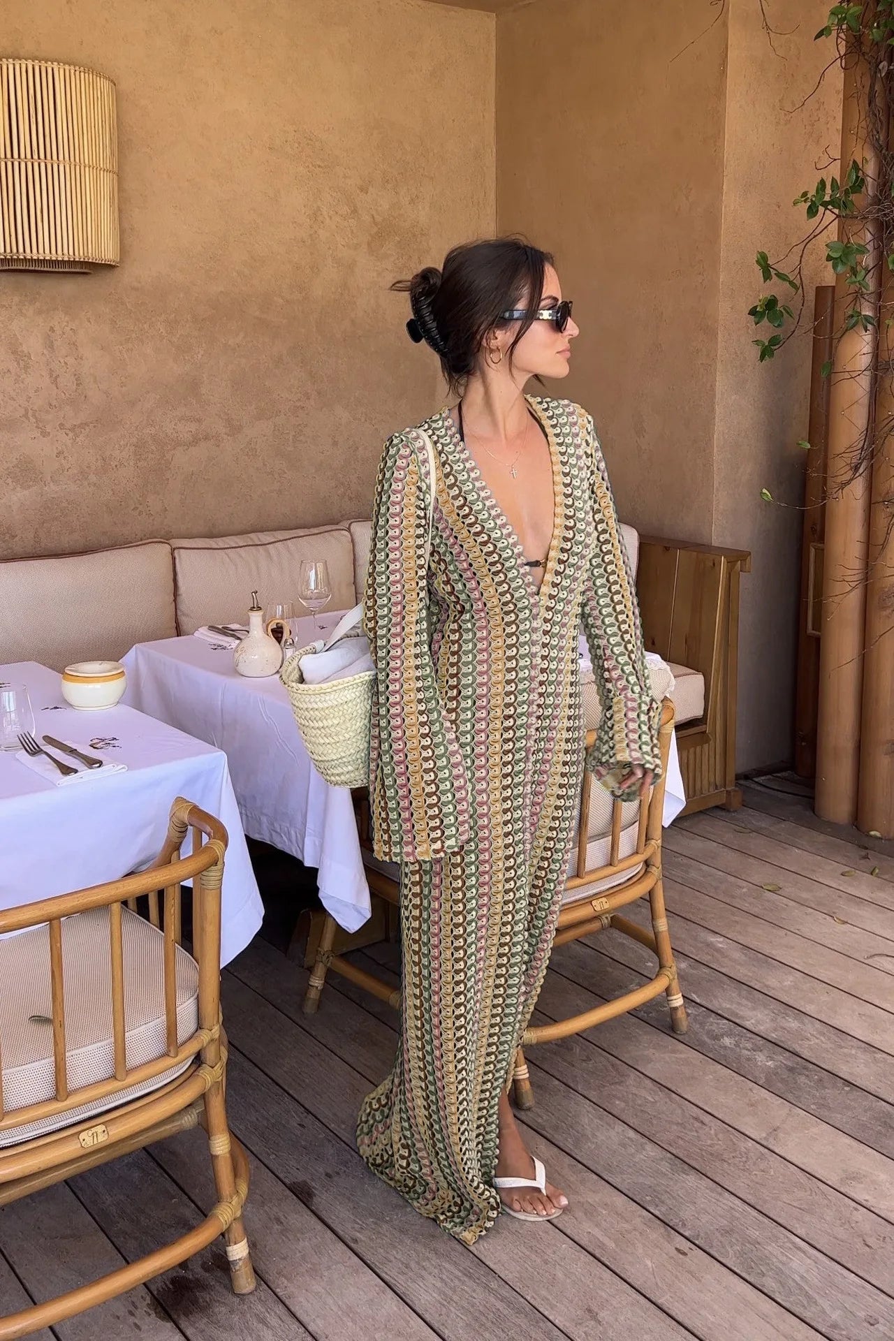 Crochet Colorful Stripe Flare Sleeve Maxi Dress Women V-neck High Split Sexy Lace Long Dresses 2026 New Beach Banquet Vestidos