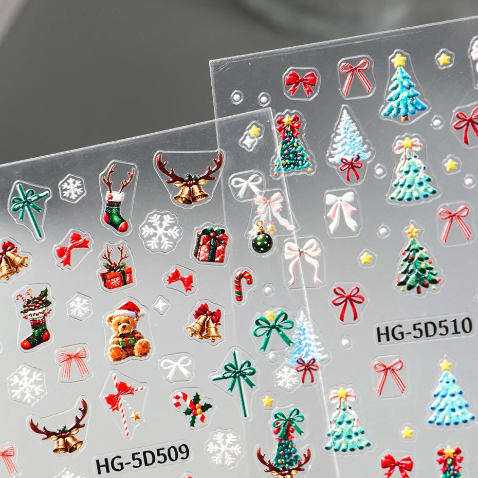 5D Embossed Cartoon Bear Snowflake Nail Stickers Christmas Trees Bow Self-Adhesive Decals for Nails Winter Christmas Nail Decor