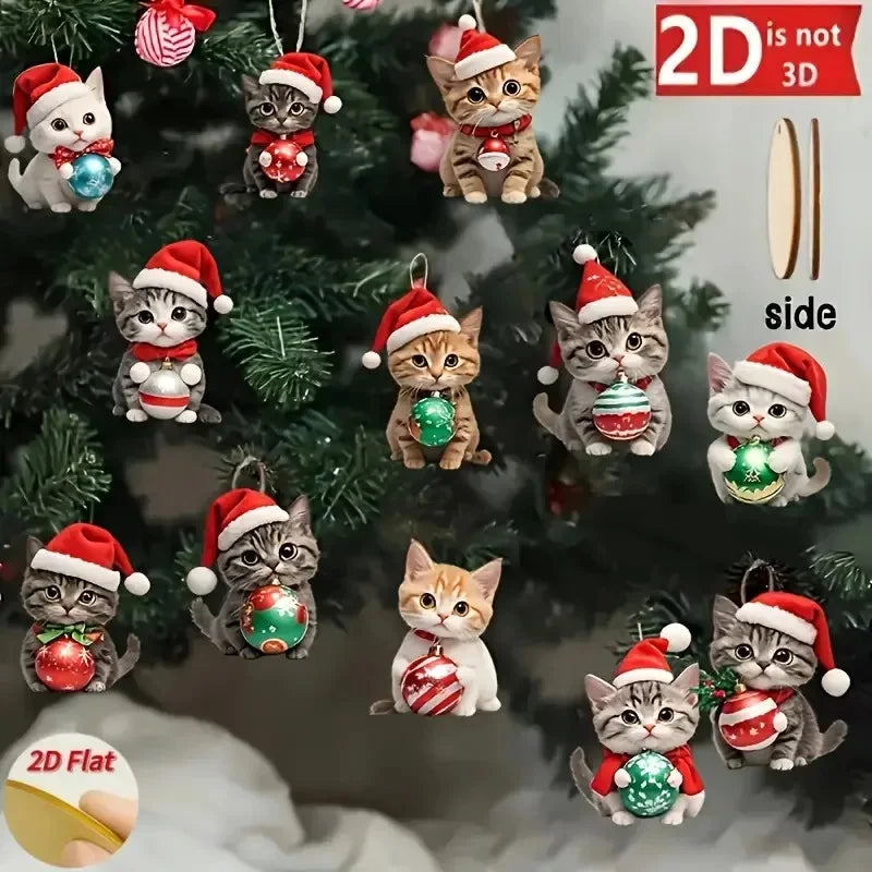 12pcs Christmas Cat Tree Decorations - 2D Plane Wooden Festivals and Party Decorations Elegant Wooden Plaques Holiday Home Decor