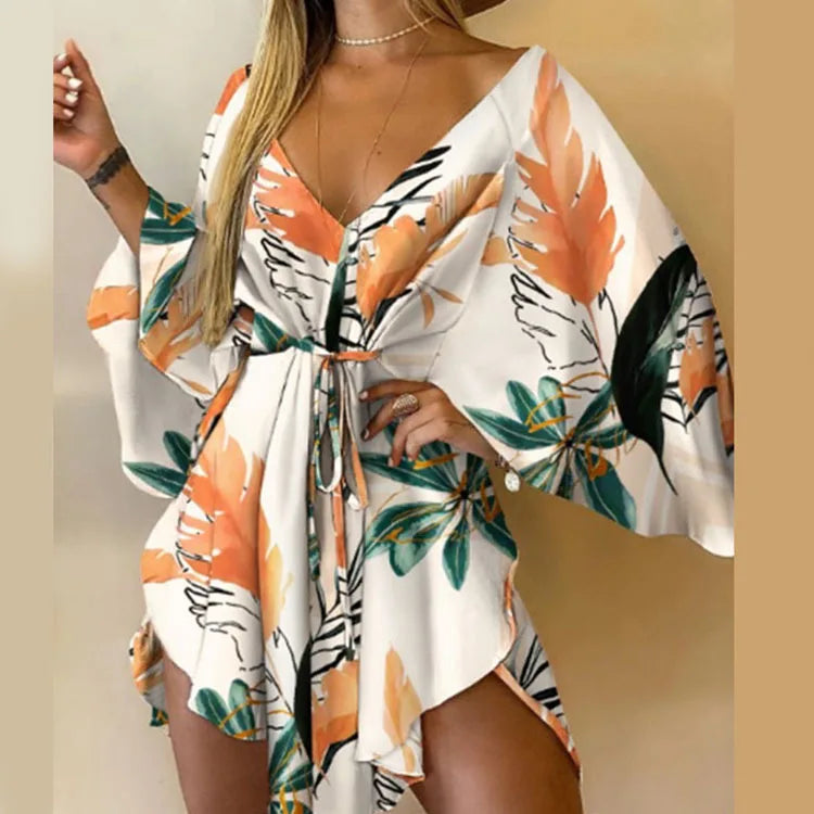 Women's Floral Print Bohemian Beach Sundress – V-Neck Bat Sleeve Ruffle Loose Summer Mini Dress