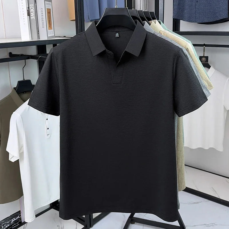 Men's Heather Knit Polo Tee - V-Open Lapel, Anti-Wrinkle Stretch
