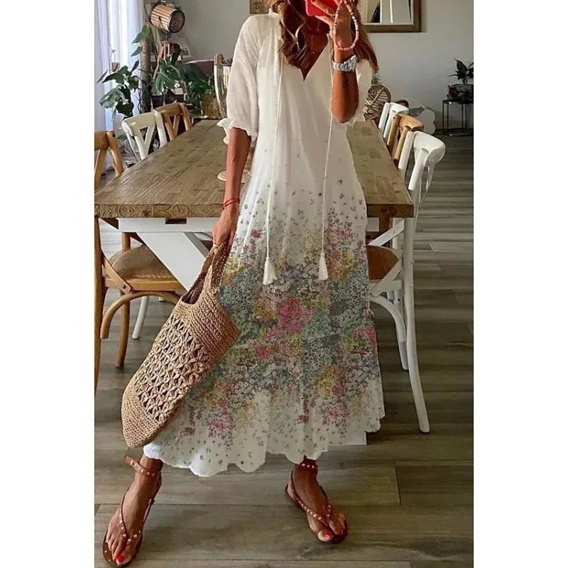 2026 Women Vintage Print Bohemian Dress Summer Fashion V Neck Half Sleeves Long Dresses Female Casual Holiday Beach Dresses