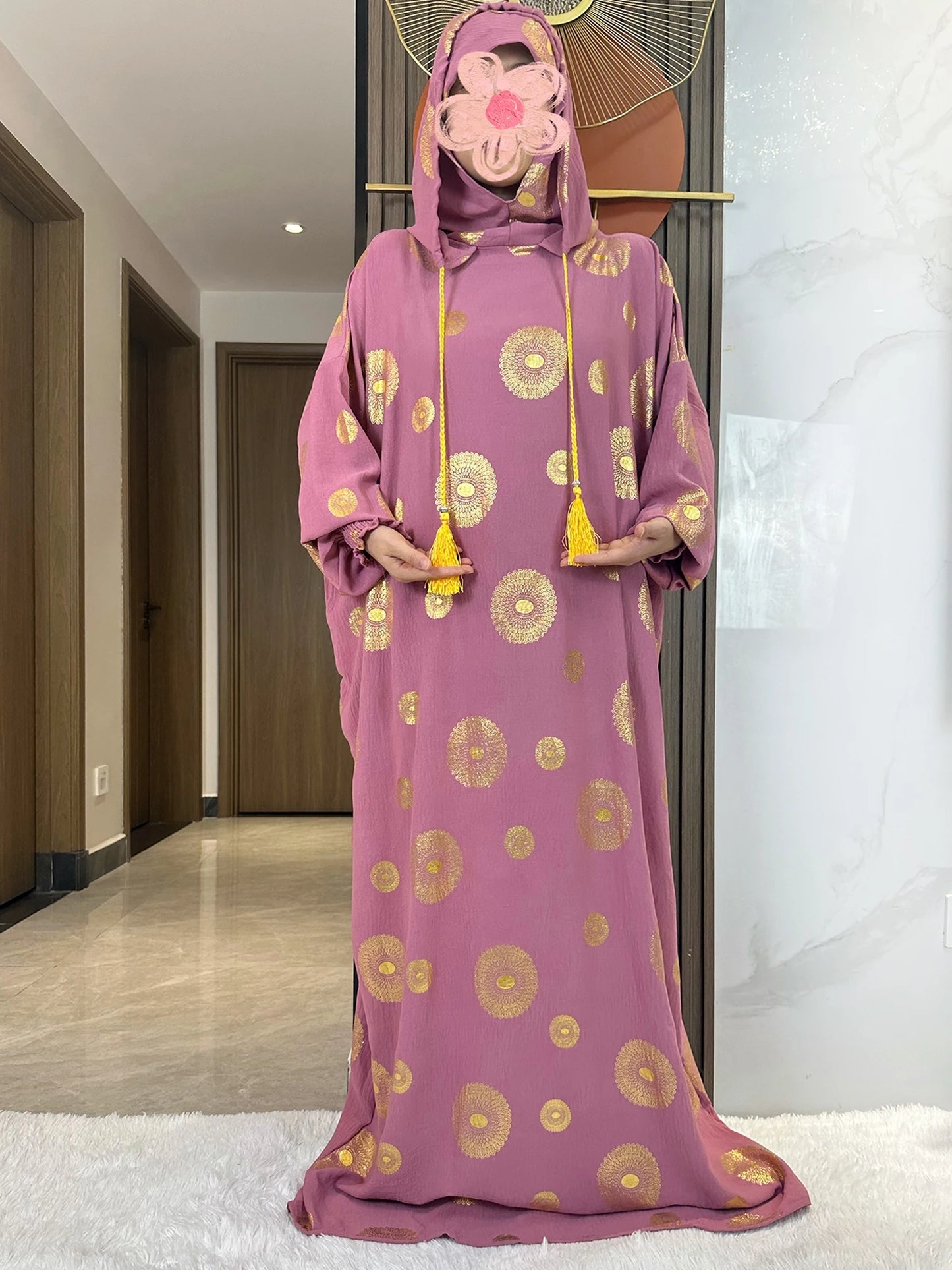 Women's Cotton Embroidered Abaya Kaftan – Gold Dust Shimmer, Loose Fit, All-Season Muslim Dress