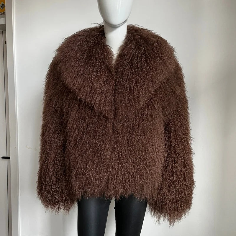 Women's Mongolian Sheep Fur Coat, Turn-Down Collar