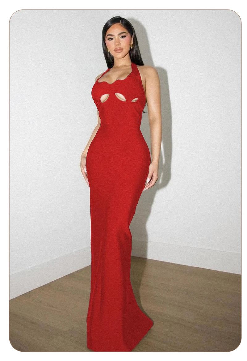 VC Black Halter Elegant Dress For Women 2026 New Summer Evening Party Celebrity Bodycon Long Dress Red Brown Prom Vestido