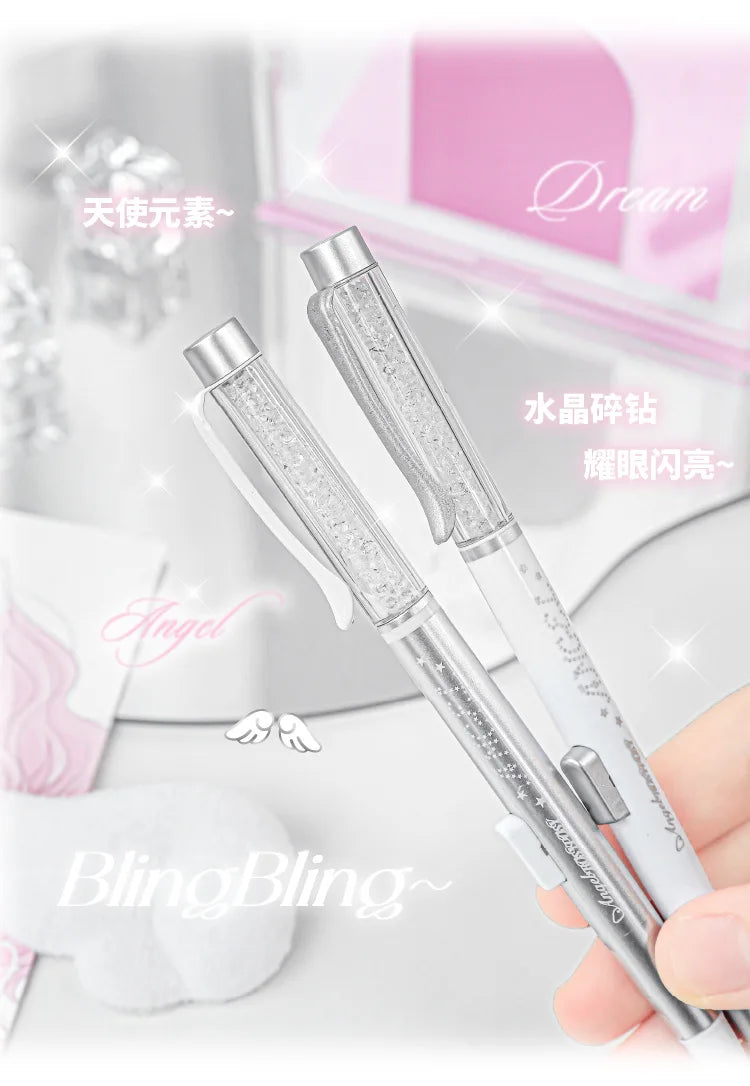 Angel Automatic Lead Set High Appearance Girl Heart Shiny Crystal Pen Holder 0.5HB Student Button Pencil and Lead Core