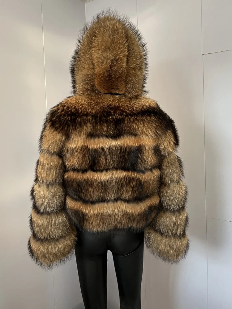 Women's Hooded Raccoon Fur Coat, Turn-Down Collar