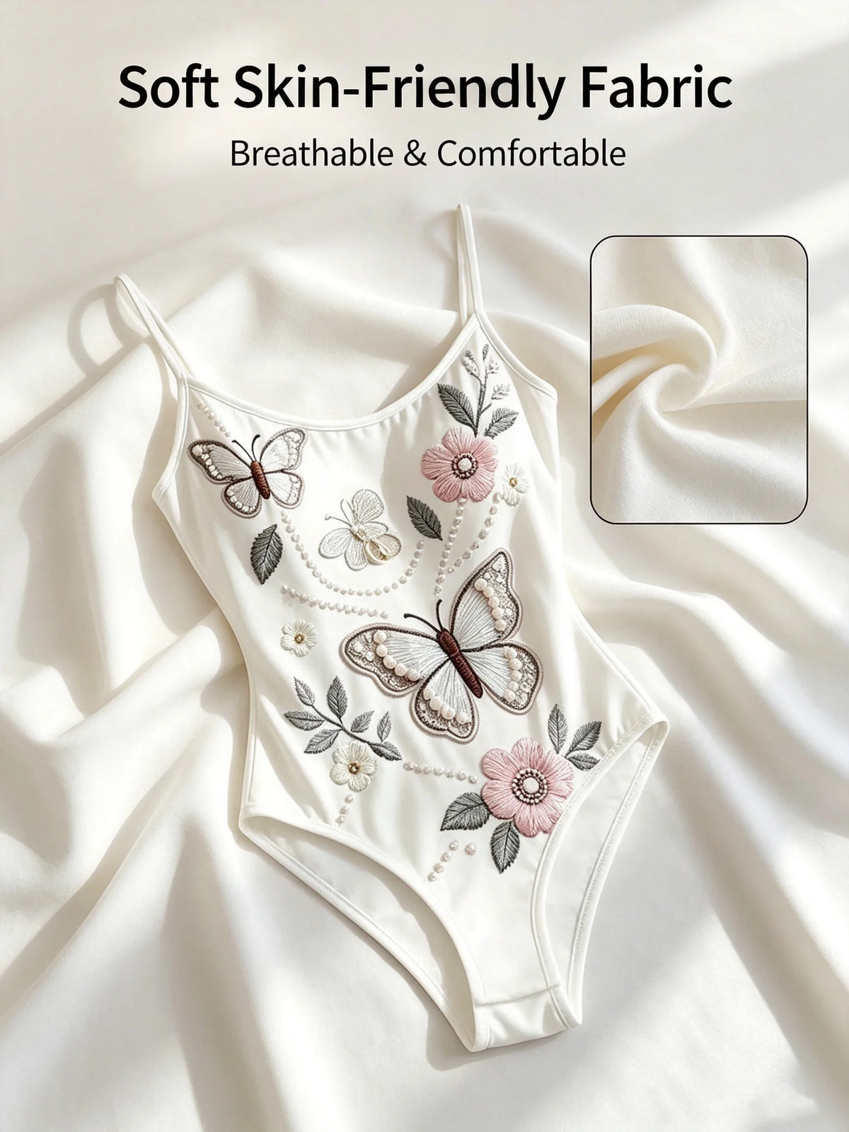 White Butterfly Floral Embroidery Bodysuit Women Spaghetti Strap Ballet Dancewear
