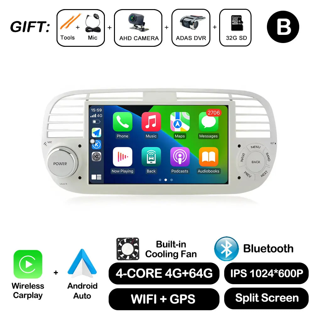 7" Car Stereo with Apple CarPlay & Android Auto, Compatible with Fiat 500 (2007-2015)