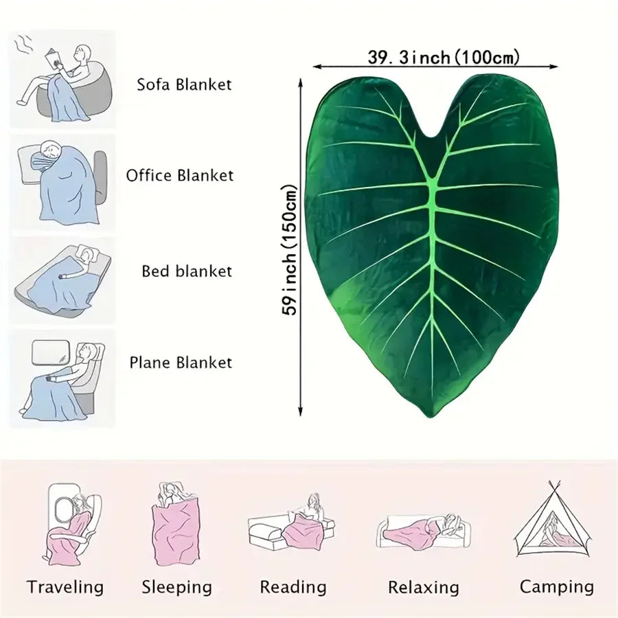 Leaf Shaped Flannel Throw Blanket, Soft Green Bed Blanket