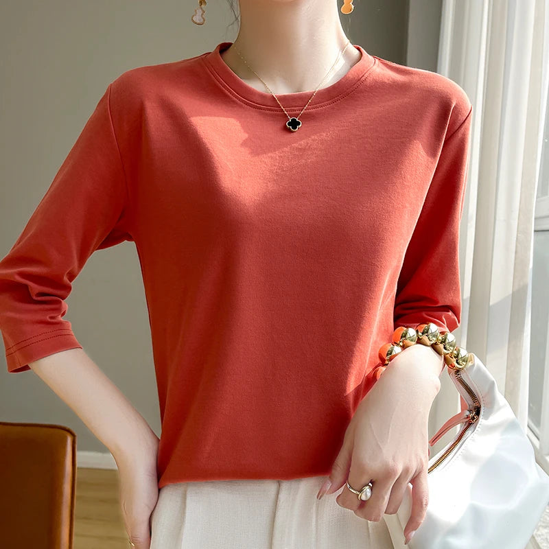 Women's Mercerized Cotton T-Shirt — Loose Round-Neck Half-Sleeve Top