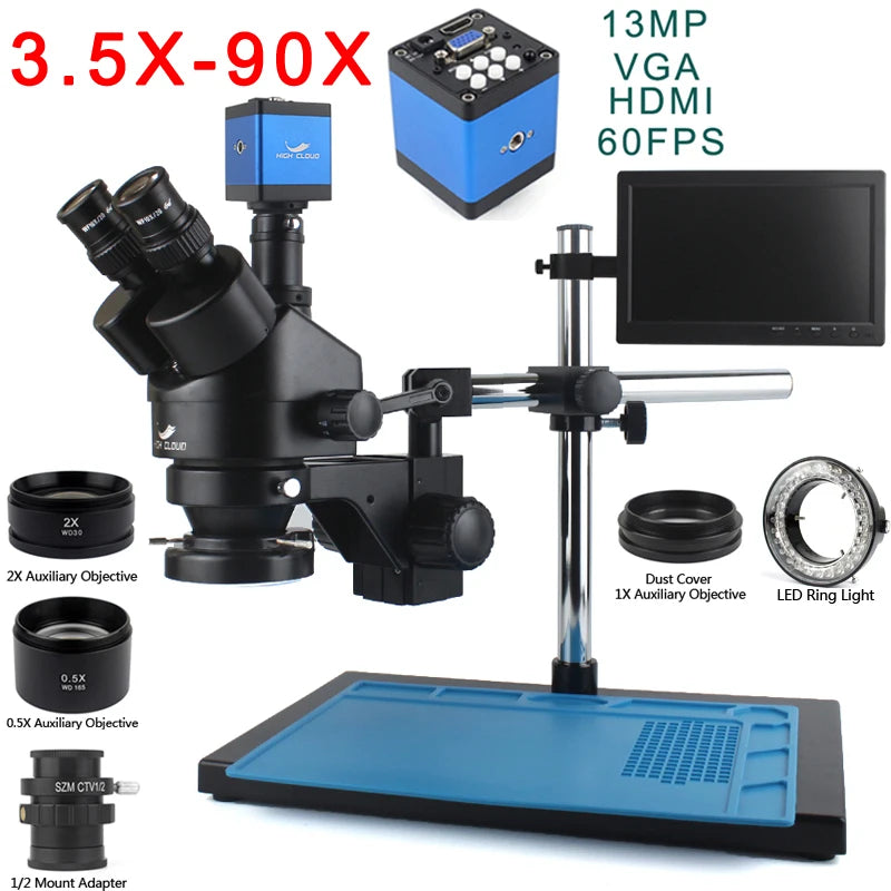 Trinocular Stereo Microscope — 3.5X–90X, 48MP 4K HDMI Camera