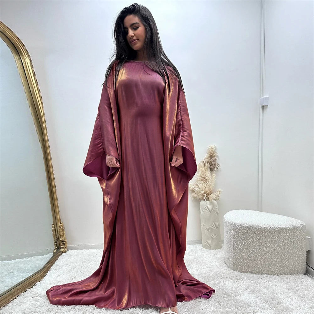 Shimmer Batwing Satin Abaya – Luxury Muslim Kaftan Dress for Eid & Ramadan