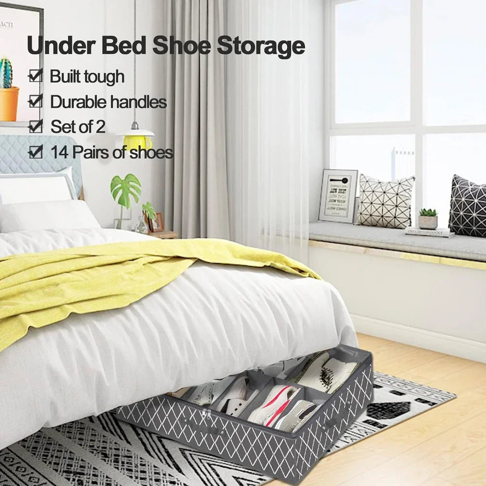 Under Bed Shoe Storage Organizer Fits 12 Pair Sneakers, Sturdy Structure Ultra Thick Fabic Sneaker Storage, Foldable Shoe Boxes
