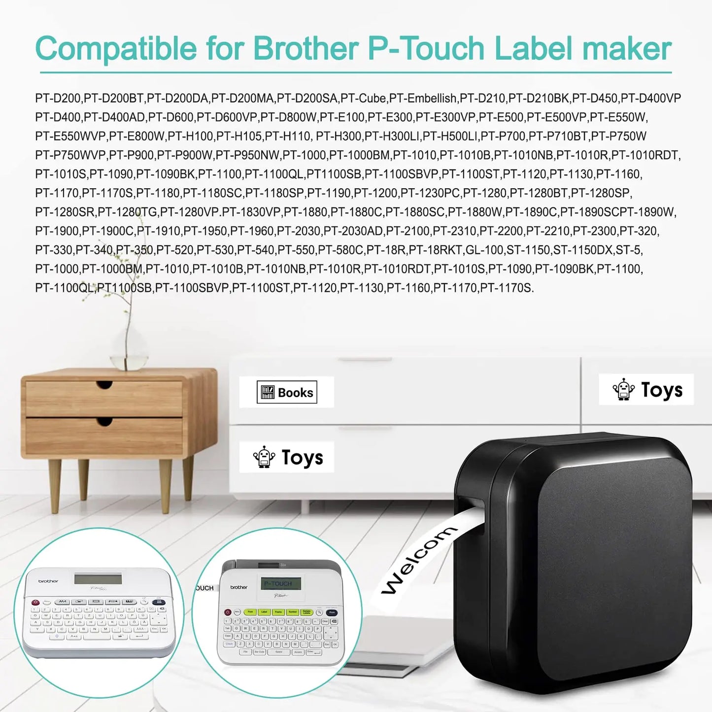 5PK Strong Adhesive Laminated Label Tape Compatible for Brother TZE-S211 6mm Black on White Label Tape for PT-1000 Label Printer