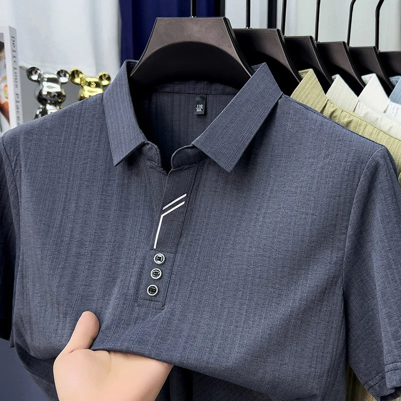 Men's Vertical-Stripe Polo - Soft Breathable, Three-Button Lapel