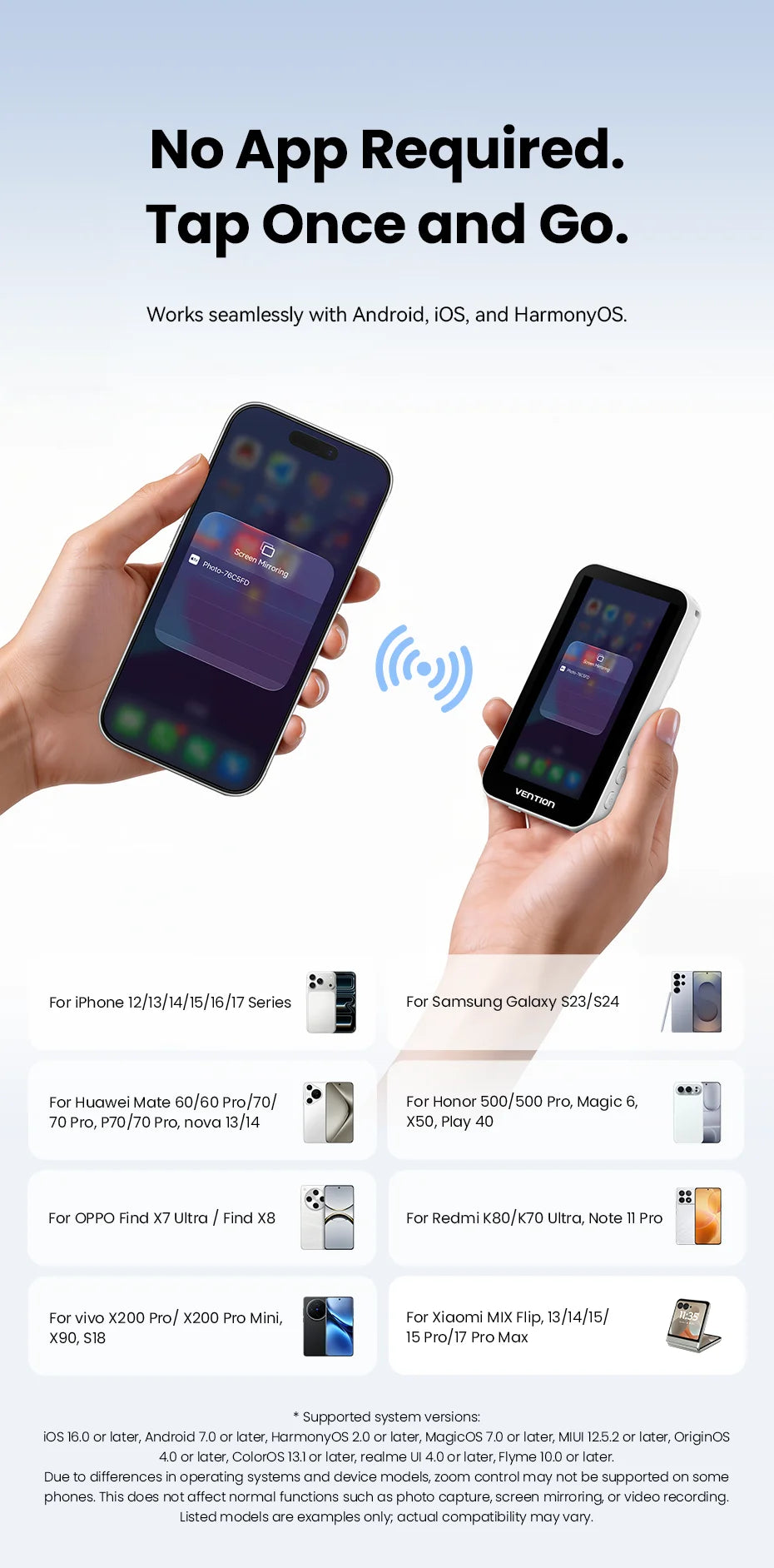 Vention Magnetic Selfie Screen Monitor Vlog Phone Wireless Monitor Rear Camera Live for iphone 17 16 Huawei Mate 80 Samsung S24