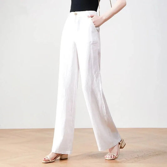 Cotton Linen Wide Leg Pants Lady New Spring Summer Thin Casual Solid Long Pants Women Elastic High Waist Loose Straight Trousers